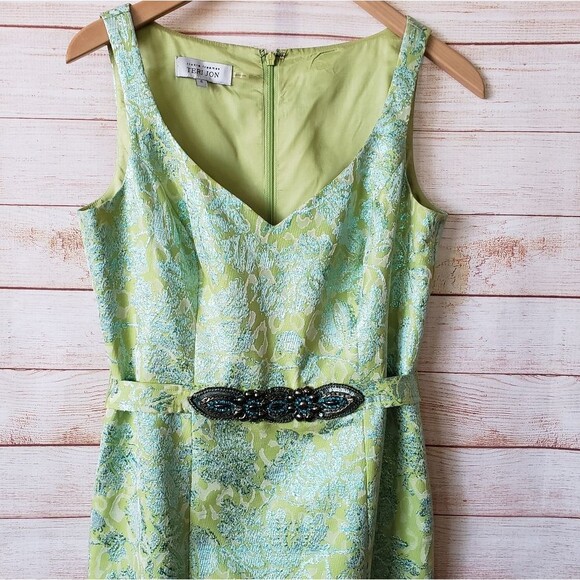 Ricki Freeman Teri Jon Floral Brocade Metallic Embellished Belt Sheath Dress - Picture 4 of 12